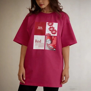 Women's 100% Cotton Short Sleeve T-Shirt Vintage Print Oversized Loose Casual Summer Top Magenta Mon Cheri Graphic Tee