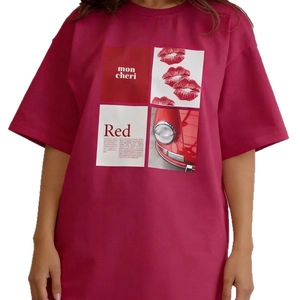 Berry red oversized 100% cotton T-shirt with vintage mon cheri and car graphic prints