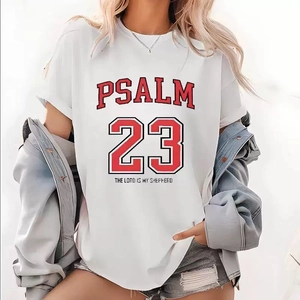 Men's loose white cotton T-shirt featuring Psalm 23 religious print and crew neck