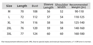 Size chart table for washed black oversized long sleeve cotton T-shirt with measurements