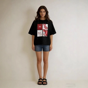 Women Cotton Oversized T-Shirt Retro Graphic Lip Print Loose Casual Short Sleeve Top Mon Cheri Printed Tee