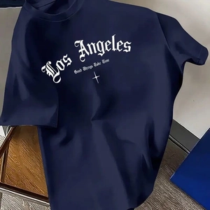 T-shirt blu scuro con stampa Los Angeles, girocollo casual e scritta in stile gotico bianco