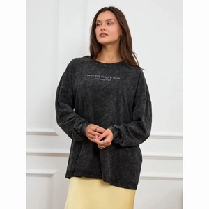 Women Vintage Acid Washed Black Cotton T-Shirt Oversized Long Sleeve Round Neck Slogan Printed Casual Fashion Loose Top