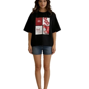 Women black short sleeve T-shirt with vintage letter print and blue denim shorts