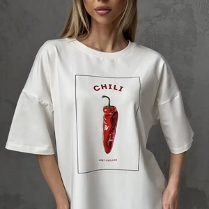 Women Pure Cotton Oversized T-Shirt Chili Graphic Printed Short Sleeve Round Neck Summer Casual Loose Chic Top