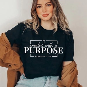 Women's black cotton t-shirt featuring 'Created with a Purpose' biblical quote print