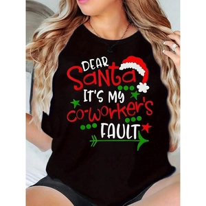 T-Shirt Décontracté en Coton pour Femmes Imprimé Slogan de Noël Rigolo Coupe Large Col Rond Manches Courtes Haut de Fête