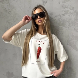 White cotton oversized T-shirt with red chili print and Just Chilling graphic slogan