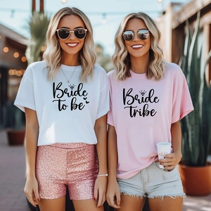 Bride to be and Bride Tribe cotton t-shirts for bachelorette parties in white and pink