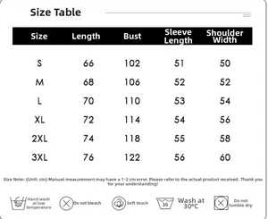 Size chart table for cotton long sleeve t-shirt showing dimensions from S to 3XL
