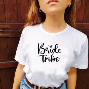 Detail of white cotton T-shirt featuring Bride Tribe print and diamond icon for bridal parties