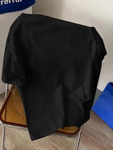 Detail of a black crew neck t-shirt with smooth texture and durable fabric quality