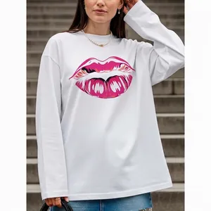 Women Oversized Pure Cotton Long Sleeve T-Shirt Pink Lip Graphic Print Round Neck Casual Streetwear Fashion Tee Top