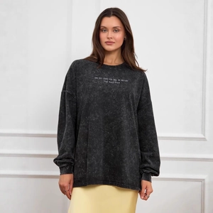 Retro acid-wash oversized cotton long sleeve T-shirt with vintage slogan print