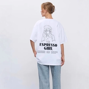 Damen Vintage 100% Baumwolle Oversized T-Shirt Minimalistisch Espresso Mädchen Grafikdruck Kurzarm Casual Rundhals Top
