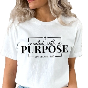 White cotton t-shirt with black Created With A Purpose text and cross graphic