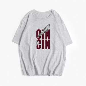 Light grey cotton T-shirt featuring CIN CIN wine bottle graphic in a minimalist flat lay