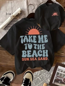 T-shirts en coton noir à plat avec imprimé plage rétro et taille enfant assortie