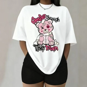 Maglietta in Cotone da Donna Casual Stampa Orso Cartone Animato Girocollo Manica Corta Top Vestibilità Comoda Media Lunghezza