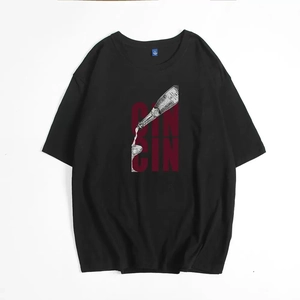 Classic black crew neck cotton T-shirt featuring a unique Cin Cin artistic graphic print