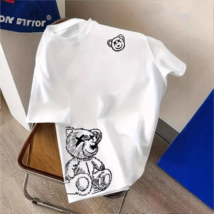 Men Casual Cotton T-Shirt Round Neck Short Sleeve Top Trendy Line Bear Graffiti Printed Loose Japanese Style Tee
