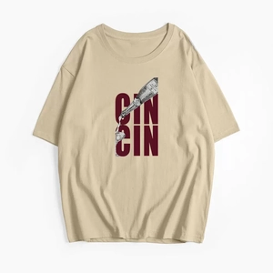 Minimalist beige 100% cotton T-shirt with CIN CIN wine bottle illustration