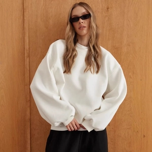 Women Oversized Crewneck Sweatshirt Long Sleeve Dropped Shoulder Solid Color Thickened Pullover Casual Minimalist