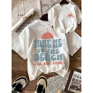 T-Shirt Femme en Coton Imprimé Soleil de Plage Ample Manches Courtes Col Rond Été Décontracté Vintage Tee Top pour Vacances Quotidiennes