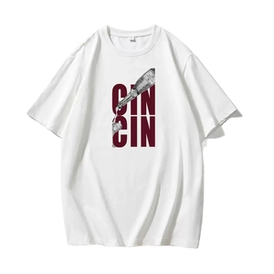 White cotton t-shirt with CIN CIN wine bottle graphic print in a minimalist casual style