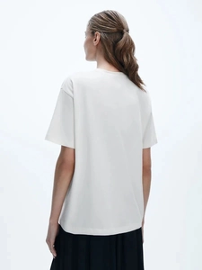 Back view of a loose fit white cotton T-shirt featuring dropped shoulder and round neck
