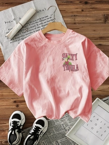 Detail of pink cotton T-shirt featuring Salty Tequila graphic print and crew neck