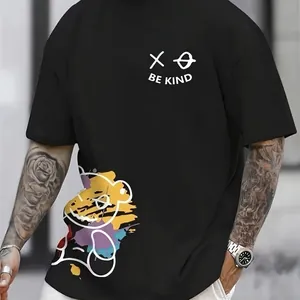 T-shirt en coton avec graffiti d'ours mignon et motif d'étoiles dans un style noir décontracté