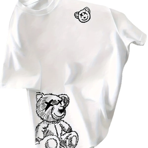 Men's white crewneck T-shirt featuring minimalist black line art bear prints and graffiti