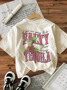 Detailed view of women's white cotton T-shirt featuring pink Salty Tequila graphic print