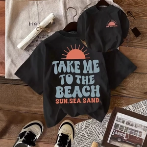T-shirts assortis en coton noir pour famille avec imprimé plage vintage et accessoires