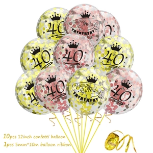 10-piece set of 12-inch clear 40th birthday balloons with gold confetti and crown print