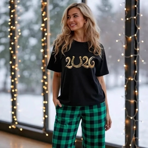 Women Top And Bottom Casual Cotton Short Sleeve Black T-Shirt And Green Plaid Pants Loungewear Christmas New Year Gift