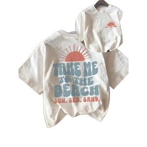T-shirt femme blanc à manches courtes avec imprimé plage vintage et lettrage rétro