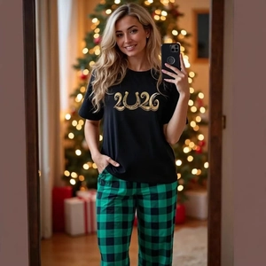 Matching Christmas pajama set with black 2026 print t-shirt and green plaid cotton pants
