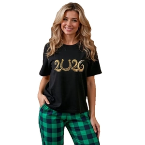 Women's 2026 printed black cotton T-shirt and green checkered lounge pants set