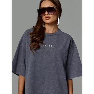 T-Shirt Femme Vintage en Coton Délavé à l'Acide Oversized Imprimé Lettres Col Rond Manches Courtes Streetwear Top Large