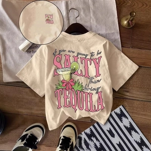 Beige oversized T-shirt with Salty Tequila graphic print and crew neck design