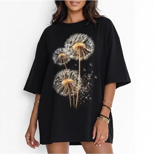 Women Casual Cotton Oversized T-Shirt Dandelion Graphic Print Short Sleeve Round Neck Loose Streetwear Black Top