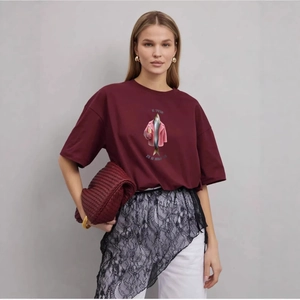 T-Shirt Oversize en Coton à Imprimé Poisson Humoristique pour Femme Rouge Vin Col Rond Décontracté Manches Courtes