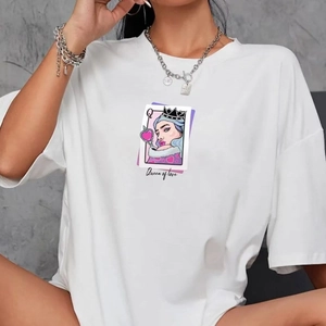 Women's 100% Cotton Short Sleeve T-Shirt Loose Oversized Casual Top With Queen Of Love Graphic Print Round Neck Summer Clothing