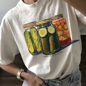 T-Shirt Femme Décontracté Ample Col Rond Manches Courtes Blanc en Pur Coton Avec Imprimé Graphique de Bocaux de Cornichons Top d'Été