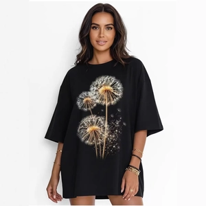 Oversized black dandelion print cotton t-shirt with drop shoulders for women