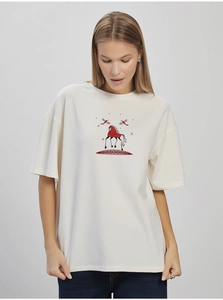 Detail of red horse art print on premium white cotton oversized drop-shoulder T-shirt