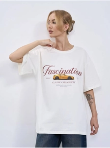 Detail of classic car graphic print and Fascination lettering on white cotton t-shirt