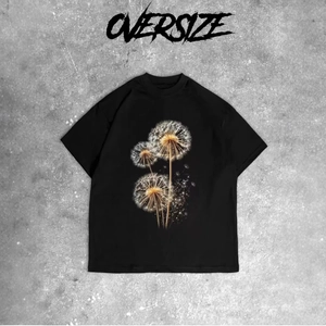 Oversize black cotton T-shirt with vintage dandelion print on grey background